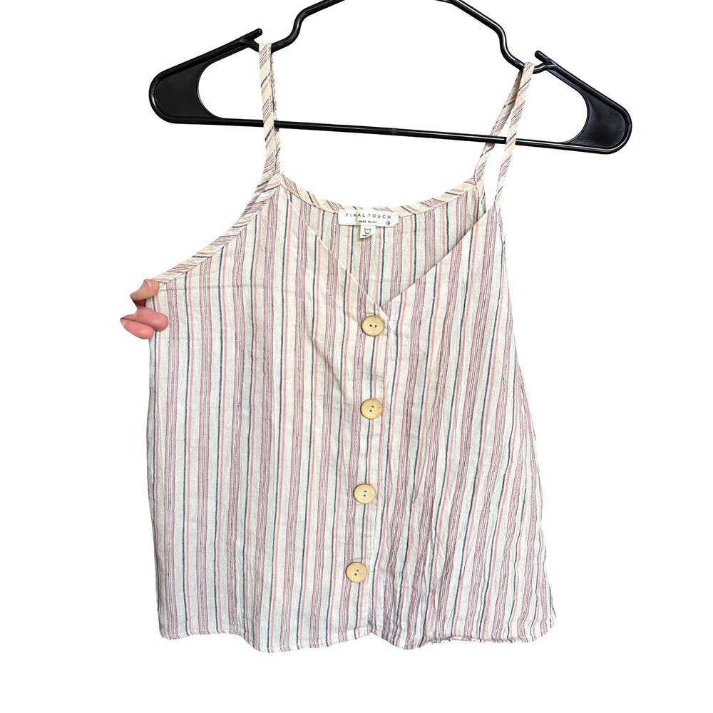 Final Touch Cami‎ Tank Top Cream Pink Striped Button Front Linen Blend Small